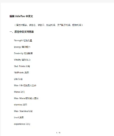 UdieToo中文属性对照表：力量、精力、敏捷等属性详解